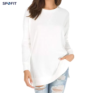 Sudadera de Punto con Cuello Redondo y Manga Larga para Mujer, Marca SPOFIT, Dobladillo Asimétrico, Color Blanco Sólido, Estilo Casual, para Otoño - Product Image 1