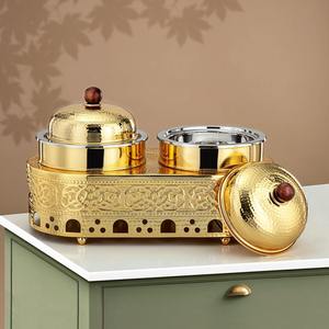 Luxury Double Bowl Gold Chafing Dish Arabic Calligraphy Handcrafted Hammered Buffet Food <b>Warmer</b> Serving Dish Single Unit - Product Image 1