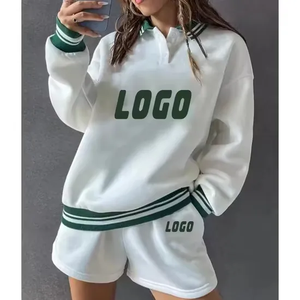 Women's White Green Stripe 2-Piece Shorts Set Fleece Sporty Loose Fit Full Sleeve Turn-<b>Down</b> Collar Digital Printed Spring Summer - Product Image 3