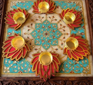 Support de bougie chauffe-plat en métal doré avec découpe lotus, base de fleurs Rangoli en MDF, décoration Diwali Mandir, cadeaux de mariage indiens, lot de 6 pièces - Product Image 3