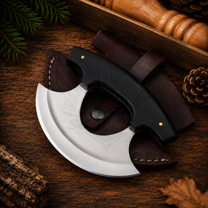Stainless Steel Ulu Chef <b>Knife</b> Traditional Alaskan Chopping Cutting Black <b>Handle</b> Handmade Ambidextrous Leather Sheath OEM ODM - Product Image 1