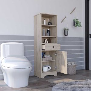 Mobiletto in Lino Grigio Chiaro con Un Cassetto e Ripiani Multipli, Finitura Bruciata, Unità di Stoccaggio per Bagno - Product Image 3