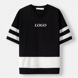 Men's Oversized Black V-Neck T-Shirt With <b>White</b> Stripes And Front Logo Print Short Sleeve Sporty Style Knitted Polyester - Product Image 1