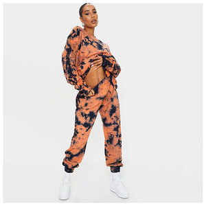 Ensemble de survêtement tie-dye pour femme, manches longues, col rond, coupe ample, décontracté, dégradé orange et noir, 100 % coton, style printemps - Product Image 2