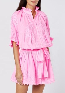 Robe blouson d'été moderne pour femmes-Tunique féminine en popeline rose tendre avec broderie Ric Rac Style Boho pour femmes-Mini col - Product Image 3