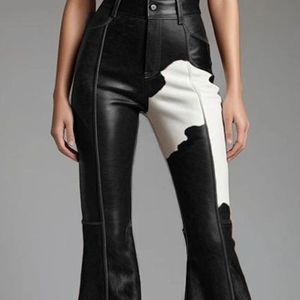 Pantalon croisé en cuir et toile pour femme, taille mi-haute, coupe slim, respirant, style streetwear hiver - Product Image 3