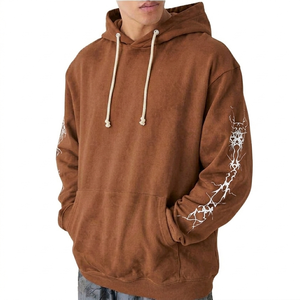 Sweat-shirt à capuche surdimensionné pour homme, couleur unie, tricoté, 100% coton molletonné, manches classiques, vêtement d'automne - Product Image 5
