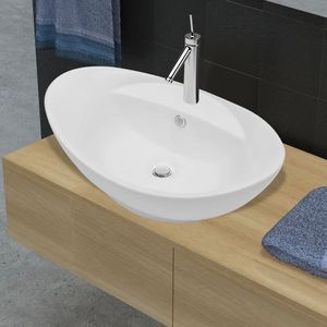 Lavabo de baño ovalado blanco de lujo con desbordamiento y orificio para grifo hecho de cerámica Premium modelo D0100HEX9GW - Product Image 1