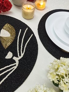 Round Beaded Embroidery Placemat Artistic Handmade Table <b>Mat</b> <b>Cat</b> Face Design for Wedding Home Dining - Product Image 2
