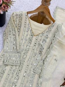 Diseñador moderno pesado Faux Georgette tela vestido étnico indio y paquistaní boda desgaste Sharara traje Palazzo Dupatta para adultos - Product Image 6