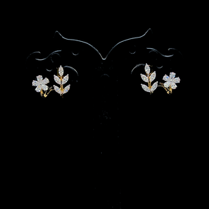 Elegant floral leaf lab grown diamond <b>stud</b> <b>earrings</b> in 18k yellow gold marquise and round cut fine jewelry for women gift - Product Image 1
