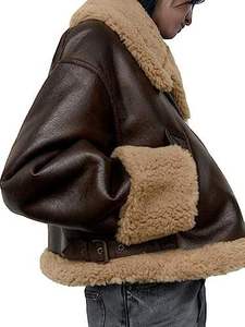 <b>Women's</b> Genuine Leather <b>Racer</b> <b>Jacket</b> Solid Color Zipper Closure Sherpa Lined Fur Trim Autumn Winter Outerwear Regular Length - Product Image 3