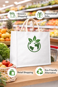 Sac fourre-tout en jute laminé blanc avec poignée en corde, logo personnalisé, écologique, réutilisable, promotionnel - Product Image 3