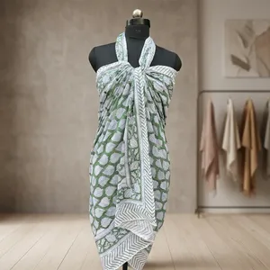 Vestido de Baño de Algodón Viscosa con Estampado de Hojas Verdes para Mujer, Estilo Halter Cruzado con Torcedura, Cubrebaño de Playa de Ajuste Regular - Product Image 5