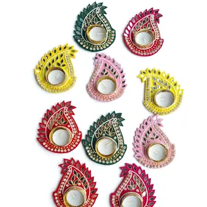 Handmade Wooden Tea Light Holder with Embossed Floral Design in Red <b>Pink</b> Green Yellow for Wedding Home Decoration - Product Image 2