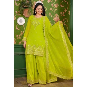 Traje de mujer Georgette Sharara de diseñador bordado con trabajo de secuencia - Product Image 3