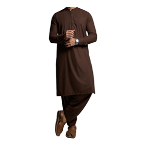 Ensemble Kurta Shalwar en coton marron pour homme, vêtements décontractés traditionnels, longueur cheville, coupe régulière, couleur unie, toutes saisons, style Inde Pakistan - Product Image 2