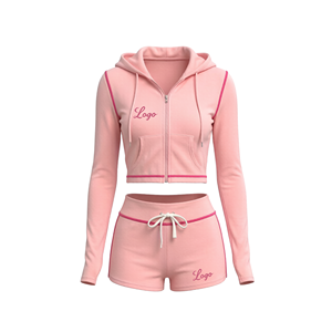 2026 Women's Custom Logo Athletic Set Solid-Color Long-Sleeve Hooded Zipper Jacket and Drawstring <b>Shorts</b> Two-Piece Set - Product Image 4