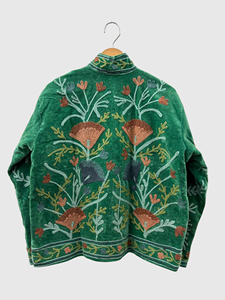 Chaqueta con Cuello Mao, Bordado a Mano con Patrón Geométrico Verde, Manga Larga, Estilo Terciopelo, Diseño Blusón, para Adultos, Otoño - Product Image 3