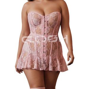 Vestido Corsé de Encaje Floral Rosa Claro, Sexy y Romántico, con Malla Transparente, Lencería para Mujer - Product Image 1