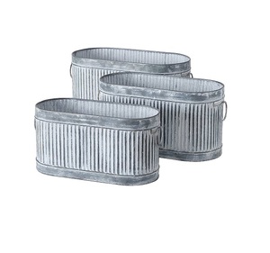 Rustic Galvanized Metal Planters Set Of 3 Oval <b>Container</b> For Garden Flower Green Plant Decorative Outdoor Use - Product Image 1