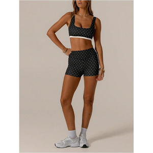 Custom Women's Polka Dot Crop <b>Top</b> and High Waisted Biker Shorts Workout Set Fitted Sleeveless Yoga Wear Polyester - Product Image 2