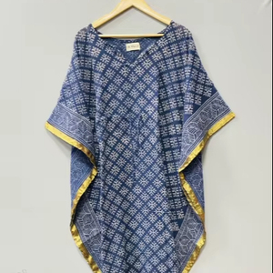 ชุดเดรสยาวพิมพ์ลาย Bagru ชุดคาฟตันฤดูร้อนลายเรขาคณิต ชุดคาฟตันสั้นพิมพ์ลาย Bagru ผ้าฝ้ายสำหรับคลุมชายหาด ชุดเดรสผ้าฝ้ายความยาวปานกลาง - Product Image 1