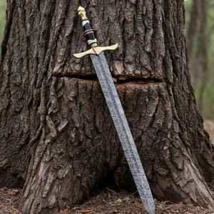 ดาบเหล็กดามัสกัสตีขึ้นรูปด้วยมือ สไตล์ไวกิ้ง พร้อมปลอกไม้แกะสลัก แบบยุคกลางนอร์ส สำหรับนักรบตั้งแคมป์กลางแจ้ง พร้อมปลอกดาบ - Product Image 1