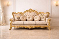 Juego de Sala de Estar Moderno de Madera de Teca de Lujo Estilo Maharani, Acabado Dorado, Juego de Sofás Cómodos de Alta Calidad, Mesa de Centro Personalizada