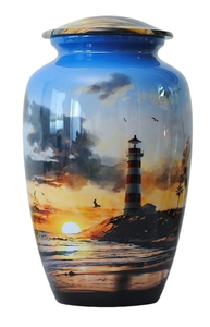 Metal Cremation Urn Adult <b>Ash</b> Memorial Vessel Custom Painted Lighthouse Sunset <b>Keepsake</b> Container - Product Image 5