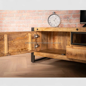 Meuble TV industriel en bois de manguier avec portes coulissantes, console moderne en bois massif pour appartement, tiroirs de rangement, compatible avec les téléviseurs de 65 pouces et plus - Product Image 3