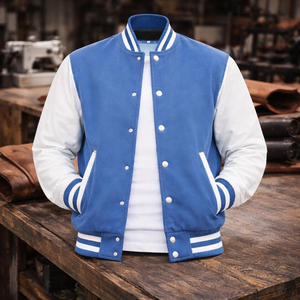 Chaqueta Varsity para Hombre con Bloques de Color, Mangas Blancas, Cuerpo Azul, Cuello a Rayas, Estilo Deportivo de Béisbol - Product Image 6