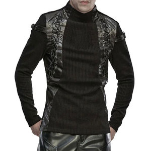 Customized <b>Men's</b> Gothic Black Long Sleeve Knit Top with Leather Splicing and Lacing Details Custom OEM ODM - Product Image 1