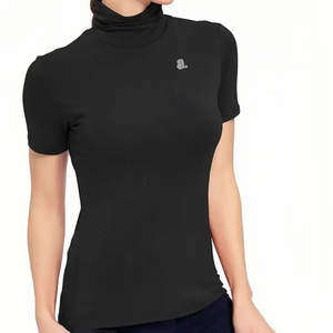 Women's <b>Turtleneck</b> Short Sleeve Jersey Solid Color Casual <b>Top</b> Regular Fit Breathable Organic Cotton Summer Logo Green Customized - Product Image 4