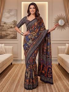 Sari Tradicional Indio de Seda con Estampado Digital y Parches Multicolores para Bodas y Eventos Festivos para Mujer - Product Image 1
