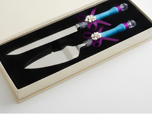 Juego de 2 piezas de cuchillo y tenedor para pastel de acero inoxidable, hecho a mano, con lazo de cinta, mango de cristal y perlas, para uso en bodas. - Product Image 6