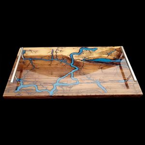 Rectangular Wooden <b>Storage</b> <b>Tray</b> With Blue Resin River Design Varnished Finish Modern Tableware For Table Use Single Tier - Product Image 1