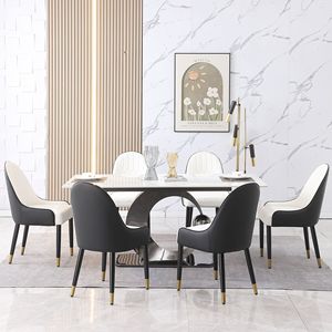 Set sala da pranzo da 71 pollici con Base a piedistallo tondo in acciaio al carbonio bianco Carrara 6 pz sedie con tavolo in pietra 6 pz - Product Image 2