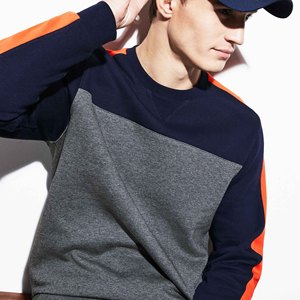 Men's Gray <b>Navy</b> Orange Color Blocking Crew Neck Pullover <b>Sweatshirt</b> Regular Fit Casual Knitted Winter Wear Custom Logo 350g - Product Image 2