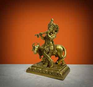 Estatua de Latón Hecha a Mano del Dios Krishna con Vaca - Decoración Popular para el Hogar/Oficina - ¡Oferta! - Product Image 1
