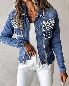 Veste en jean unie à col rabattu, style décontracté, boutonnage simple, décoration perlée, coupe classique, pour le printemps - Product Image 2