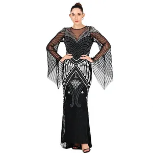 Robe de Soirée Fourreau Noire Élégante Personnalisée à Paillettes, Robe de Bal de Luxe à Manches Longues avec Motif Géométrique Perlé, Vente en Gros - Product Image 1