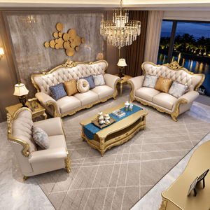 Luxury Modern European Living Room <b>Sofa</b> Set Tufted Cream Upholstered Couch with <b>Gold</b> Carved Wood Frame - Product Image 3