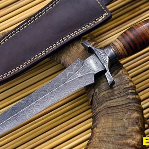 Couteau à lame fixe en acier Damas fait main, 30 cm, manche en corne de cerf avec étui en cuir, pour camping, survie, chasse, tranchant comme un rasoir, DIY - Product Image 3