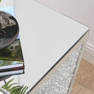 Inverted Triangular <b>Silver</b> Glass <b>Console</b> <b>Table</b> with Square Crystal Diamond Inlay for Corridors and L-Shaped Areas - Product Image 3