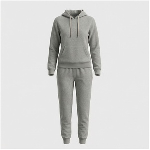 Conjunto de Sudadera con Capucha y Pantalones Deportivos para Mujer, 100% Algodón, Color Gris Sólido, Chándal Informal, Felpa de Peso Medio, para Otoño - Product Image 1