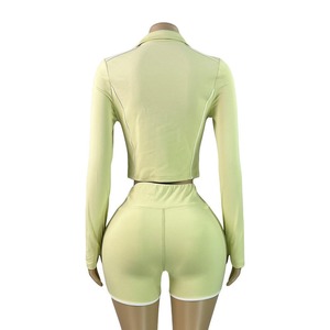 Fully Customized Two Piece Yoga Fitness Quarter <b>Zip</b> Crop Top With Mid Waist Booty Shorts Athletic Full Sleeve Yoga Top - Product Image 2