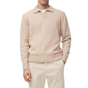 Pull polo à manches longues en tricot naturel pour homme, mélange doux de laine/viscose, coupe classique, col en V, anti-plis, beige, décontracté, hiver - Product Image 2