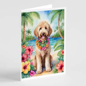 Whimsical A7 Tamaño 5x7 Tarjetas de nota en blanco Paquete de 8 tarjetas de felicitación Goldendoodle Luau con sobres - Product Image 1
