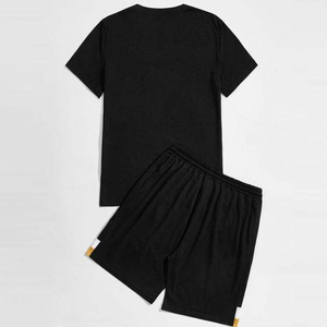 Conjunto Deportivo Unisex de Algodón Negro, Camiseta de Manga Corta con Cuello Redondo y Rayas de Color, Pantalones Cortos con Cordón, Ropa Casual de Verano - Product Image 2